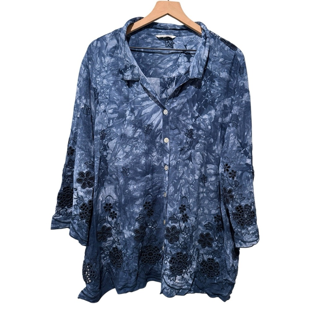 John Mark Womens 2X Top Blue Floral Embroidered 3/4 Sleeve Button Up Tie Dye